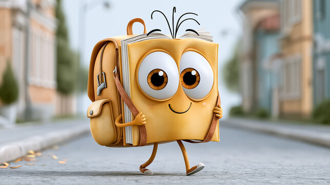 A funny cartoon book with a backpack walks through the city