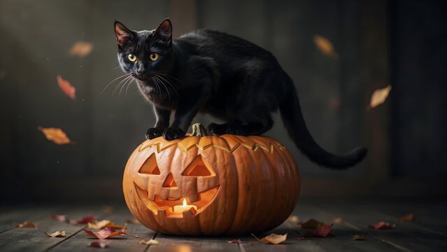 Black cat sitting on a carved pumpkin. Halloween jack-o-lantern with a feline pet.
