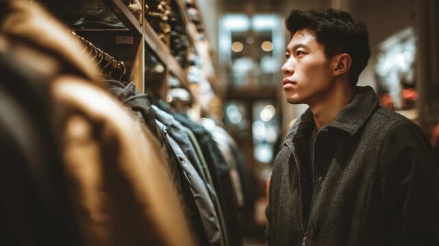Young Asian man shopping for winter clothes in a boutique store, looking at jackets on a rack, choosing stylish apparel in a modern clothing shop