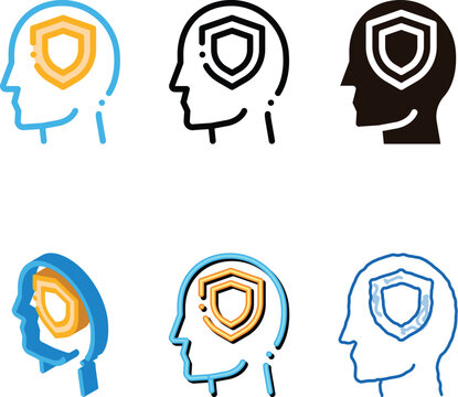Protection Shield In Man Silhouette Mind Vector stylized Icon Thin Line. Gear And Brain, Heart And Money, Padlock And Magnifier