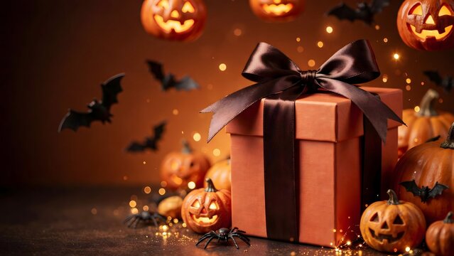 Halloween gift box with pumpkins. Festive holiday present with spooky decorations.