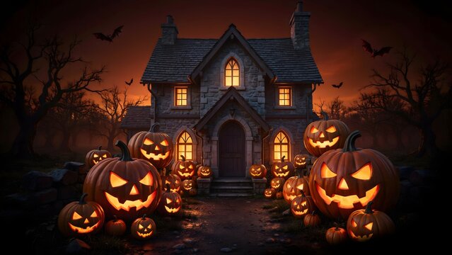 Haunted house with glowing jack-o-lanterns. Spooky Halloween mansion at night with pumpkins.