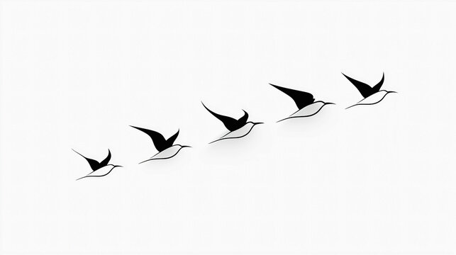 Five birds flying in formation across a white background.