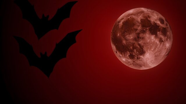 Halloween bats flying against a full moon. Spooky night sky background for October holiday.