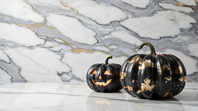 Black and gold Halloween pumpkins. Luxury autumn holiday decor on white marble background.