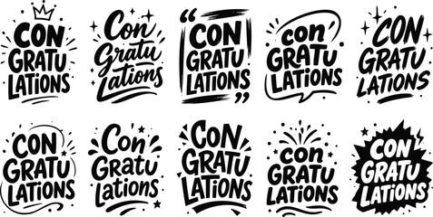 Fototapeta premium Congratulations vector typography set with black hand-drawn lettering, celebratory quotes, and festive decoration elements