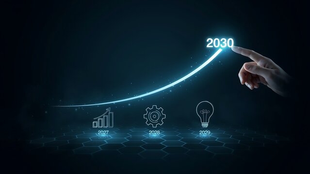 Hand pointing at upward growth trend line to 2030 with futuristic icons