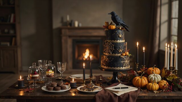 Halloween party cake on table. Dark festive dessert with pumpkins and candles in room.