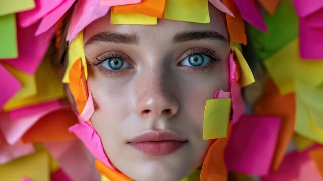 Young woman face surrounded by colorful sticky notes for creative office concept, close-up portrait of female model with bright paper memo sheets