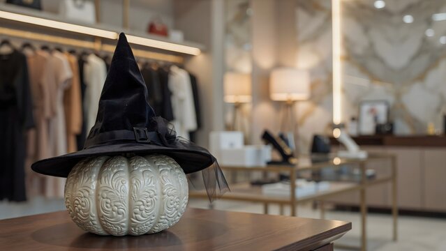 Halloween witch hat on a silver pumpkin. Festive autumn decor in a luxury clothing store.