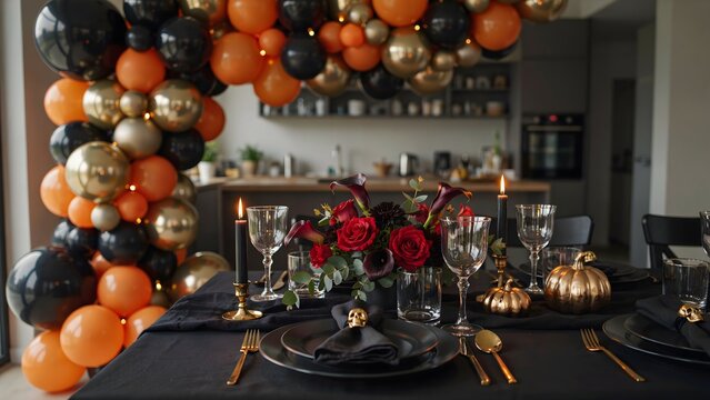 Elegant Halloween dinner table setting. Festive party decor with balloons and candles.