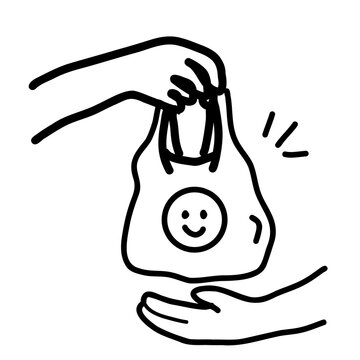 Hand giving a smiling plastic shopping bag to another hand line art illustration