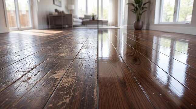 Comparison of old scratched wooden floor versus newly renovated shiny polished hardwood floor surface in a bright modern living room interior setting