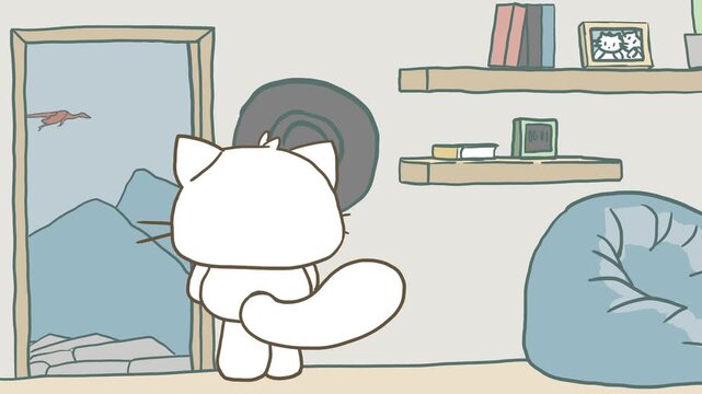 2d animation of cute cartoon white cat opens a door in its cozy room, revealing a mountain landscape with a flying dragon. A beautiful hand-drawn sketch about fantasy, adventure, and imagination.