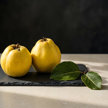 Two ripe quinces beside one separate leafy quince branch for autumn food, farm retail and harvest-season campaign