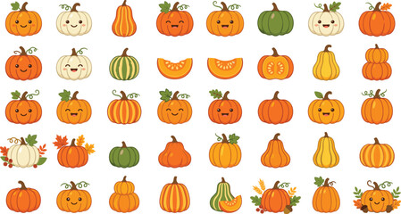 Obraz premium Cute Pumpkin Character and Autumn Squash Vector Icon Set with Happy Smiley Faces for Halloween Thanksgiving Fall Season and Harvest Festival Graphic Designs