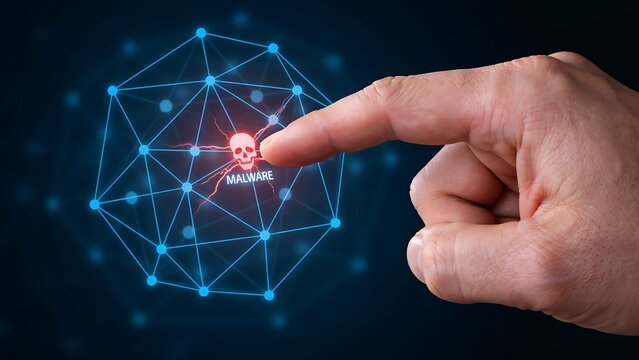 A human finger touching a digital network showing a skull symbol and the word malware. This represents a cyber attack or a computer virus threat