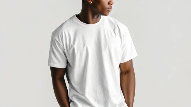Young Black man wearing plain white t-shirt isolated on white background, studio portrait of stylish male model showing casual clothing for fashion