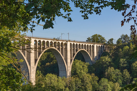 The Grandfey Railway Bridge near Fribourg, Switzerland. The Grandfey-Viaduct over the Saane/Sarine river is one of the largest railways in Switzerland,