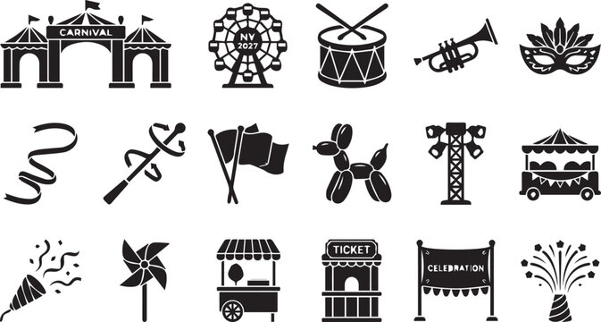 December Carnival Festival Amusement Park Celebration Event Vector Icons Set