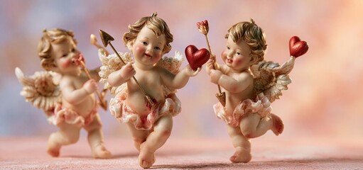 Fototapeta premium Vintage cherubs holding hearts and arrows on a pastel background, perfect for romantic and wedding themes.