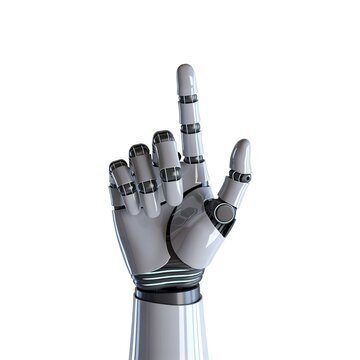 Robotic hand gesturing upward pointing index finger showing sophisticated futuristic artificial intelligence technology on clean isolated bright white studio background