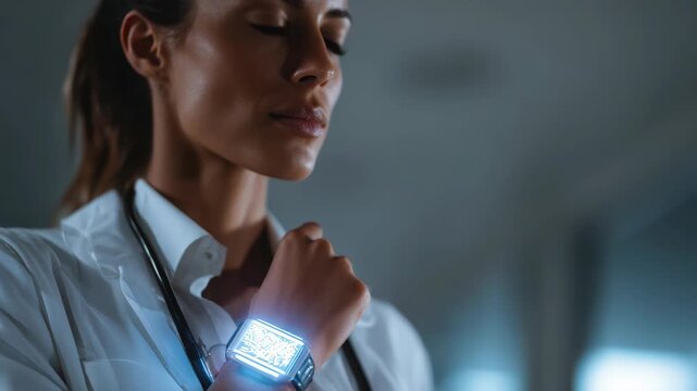 Female doctor using futuristic holographic medical watch in hospital, professional healthcare worker checking patient data on glowing wrist interface