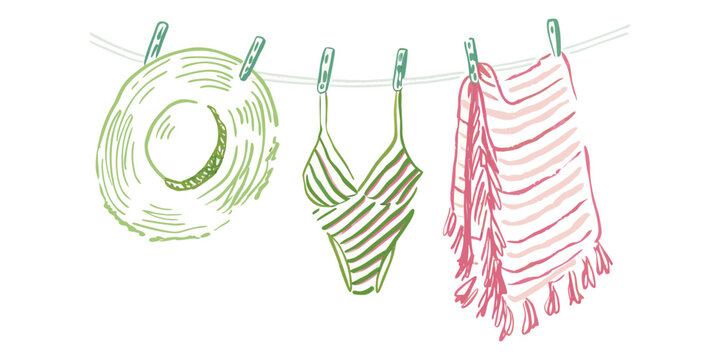 Summer Beach Clothes Line Sketch Illustration