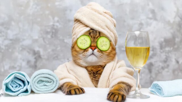 Funny cat in spa robe with cucumber slices on eyes and wine glass, relaxing at home, cute pet portrait for wellness, beauty, and lifestyle concepts