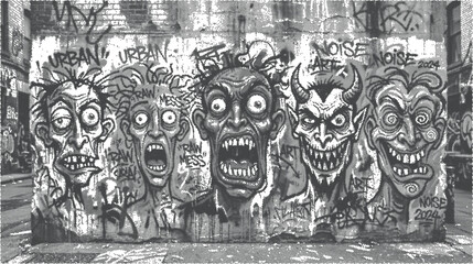 Street art mural with five monster faces, urban grunge style. © HelalUddin