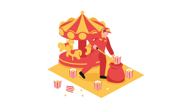 Carnival worker collecting spilled popcorn containers near a red and yellow carousel in an amusement park.