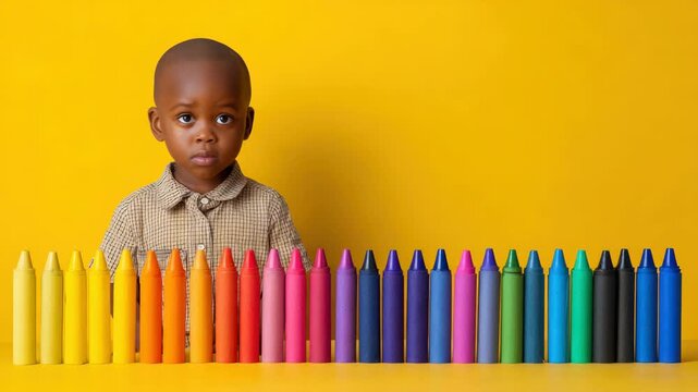 Little boy looking at colorful wax crayons arranged in a neat row against a bright yellow background for creative art and education concepts