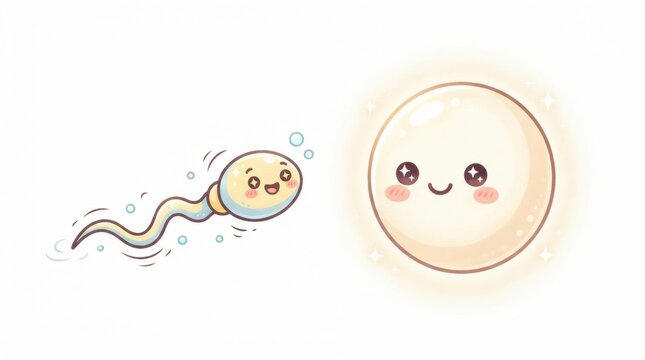 A cute sperm cell character swims happily toward an egg, showcasing a playful and humorous take on fertility concepts.
