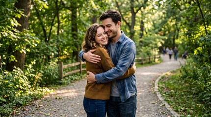 Fototapeta premium Loving couple hugging during a romantic walk in a lush green forest