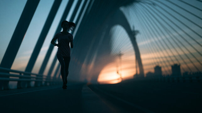 Female Runner Jogging on Urban Bridge at Sunset