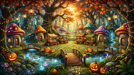 Fototapeta premium Magical mushroom village in autumn forest. Fantasy fairy tale town with glowing pumpkins.