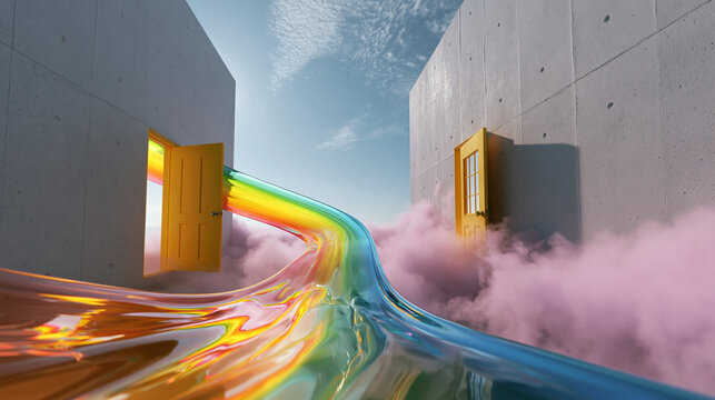 Rainbow Light Path Between Yellow Doors and Pink Clouds