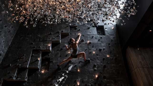 Rock Climber Ascending Indoor Climbing Wall at Night
