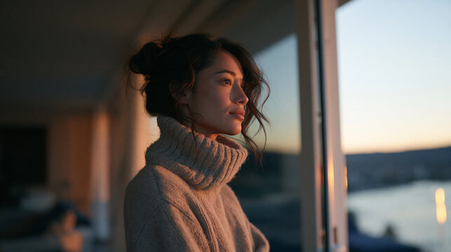Woman Gazing Out Window at Sunset in Contemplation