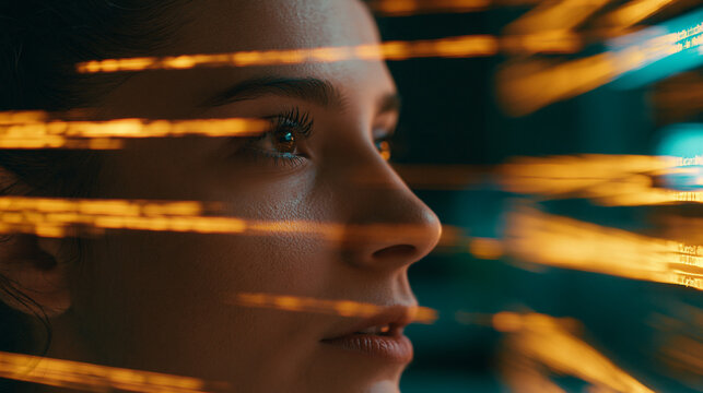 Woman's Face With Glowing Digital Light Streams