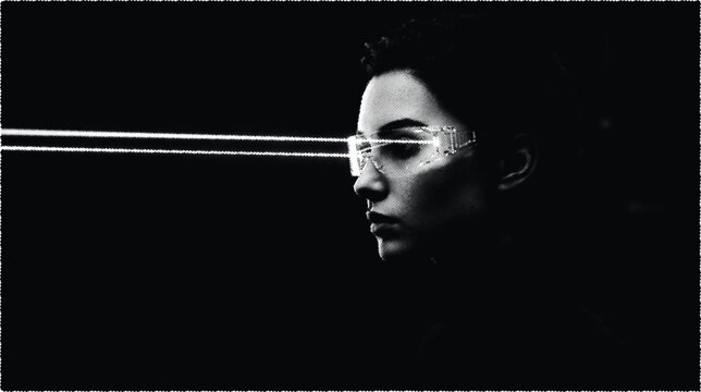 Young woman wearing high tech smart glasses with holographic light lasers.