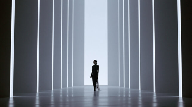 Woman Walking Through Minimalist Modern Corridor with Light
