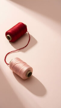 Two separate embroidery-thread spools connected by one loose red thread curve for Valentine retail, relationship, gifting and social campaign