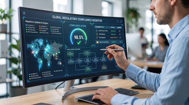 Corporate analyst reviewing global regulatory compliance monitor dashboard displaying real-time compliance score, regional updates map, and workflow diagrams on large screen
