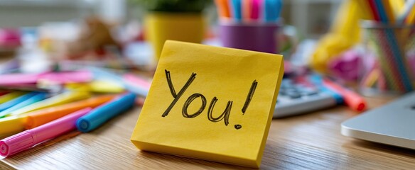 Fototapeta premium A vibrant yellow sticky note with an inspiring message sits on a tidy wooden desk among colorful office tools.