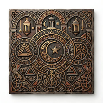 Intricate Ancient Carved Stone Relief Featuring Mystical Runes Islamic Crescent Star and Celtic Knots