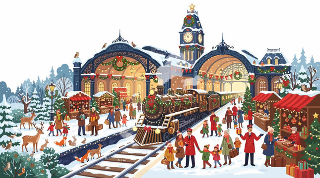 Train station platform hosts a bustling Christmas market with a steam locomotive arriving during a snowy winter evening.