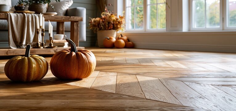 Chevron-patterned hardwood flooring with rich warm hues, highlighted by natural light and seasonal pumpkin accents.