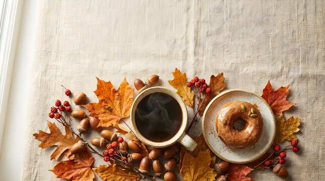Hot coffee mug with donut surrounded by colorful fall foliage and acorns on rustic cloth flat lay with copy space