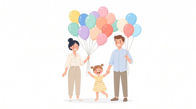 Family illustration featuring a smiling mother, father, and young child standing together while holding a large bundle of colorful helium balloons floating overhead